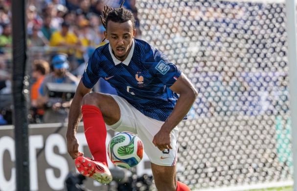 Jules Kounde in action for Barcelona, wearing the club's home kit.