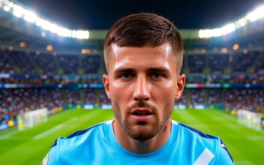 Rodri in Manchester City kit holding the World Cup trophy with Spain after winning the 2026 tournament