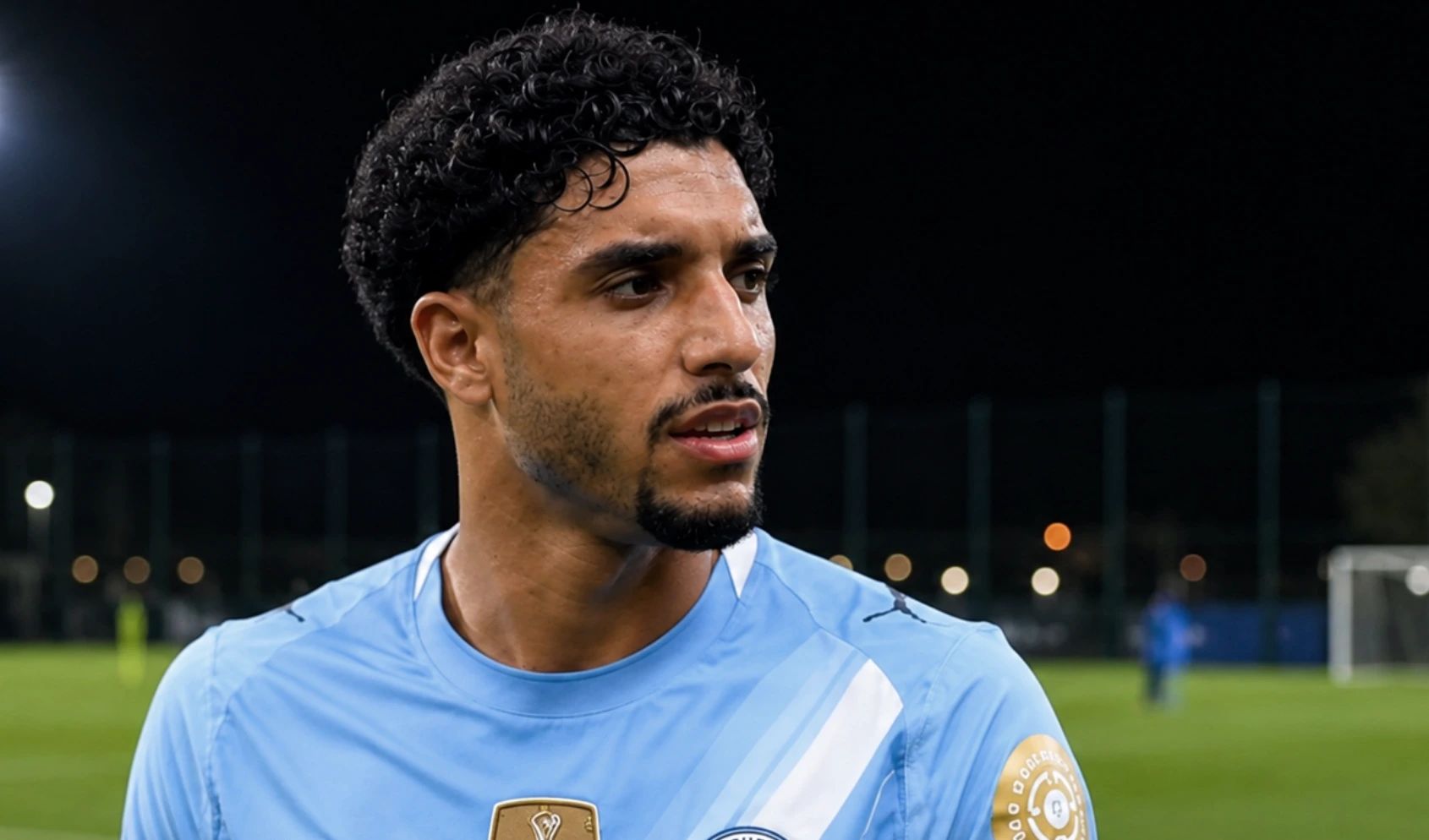 Omar Marmoush of Manchester City in action during a Premier League match, with speculation linking him to a move to Tottenham.